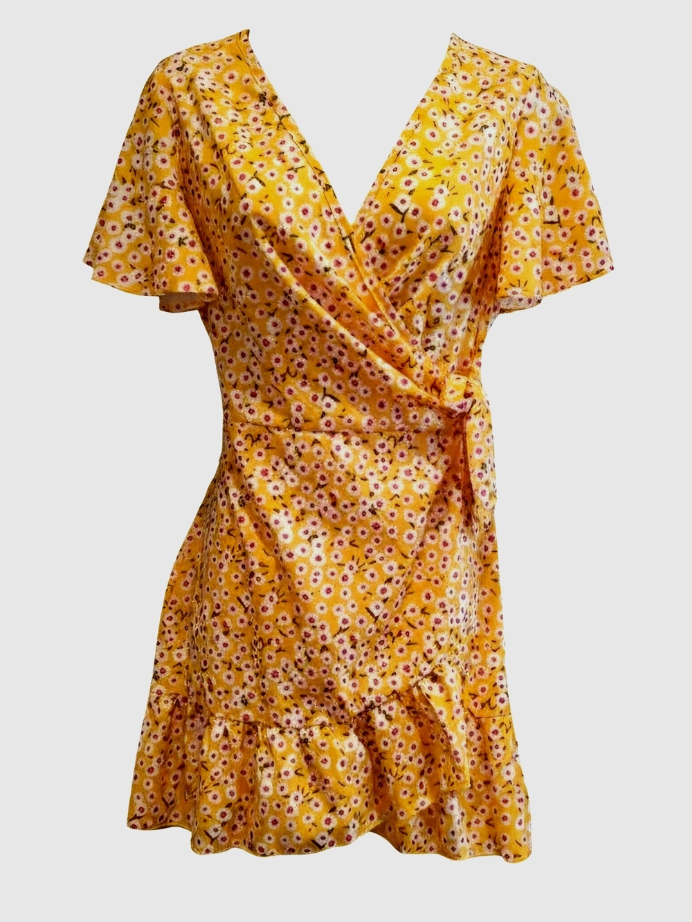 Yellow Floral Wrap Dress with Ruffle Hem